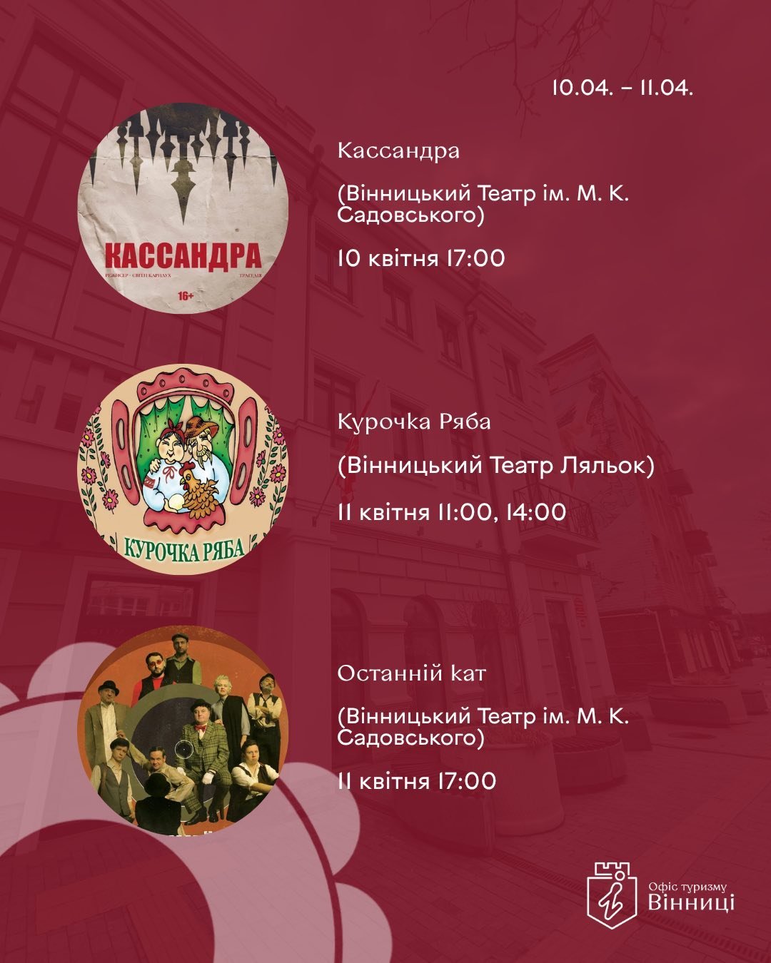 Театральний вікенд перед Великоднем: куди піти у Вінниці 10–12 квітня